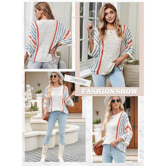 Women's 2024 Fall Casual Block Striped Comfy Cable Knit Trendy Pullover Sweaters - Picture 5 of 6